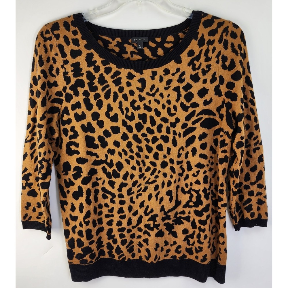 Talbots Crewneck Sweater Women's L Animal Print 3/4 Sleeve Quiet Luxury